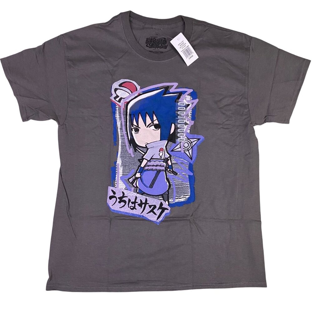 Naruto Anime Modern Decoupage Sasuke Uchiha Chibi Gray Graphic Tee T-Shirt Men L